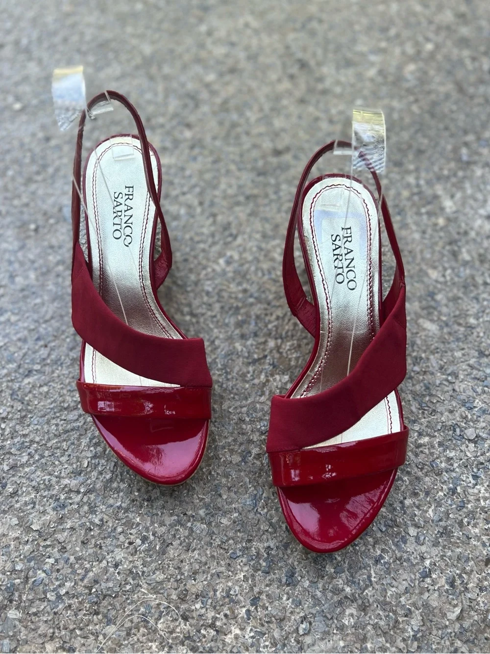 FRANCO SARTA Red Patent Leather & Canvas Slingback Wedges-size 7